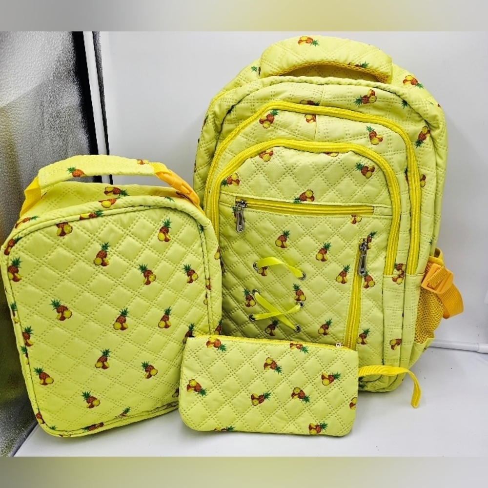 Pineapple Print Backpack Set for Girls – 3PC School Bag, Lunch Box & Pencil Case - Picture 2 of 2